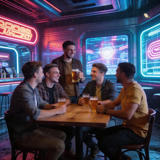 After the AI edit: the same five friends at the same table in a neon cyberpunk bar