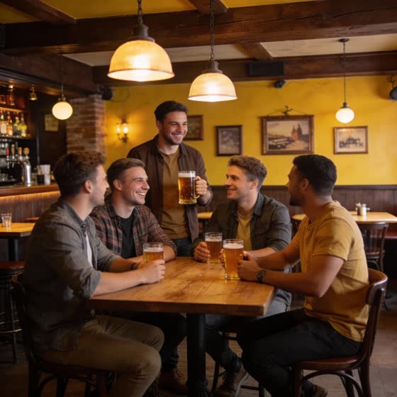 Original photo: five friends with beer at a table in a traditional pub