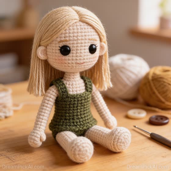After the AI edit: a crochet doll with blonde hair and a green dress modelled on the portrait