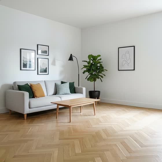 After the AI edit: the same room furnished with a sofa, a coffee table, a plant and pictures