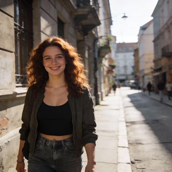 Original photo: a woman in a black top and jeans walking down a street